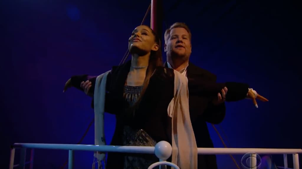 James Corden en Ariana Grande in geweldige versie Titanic