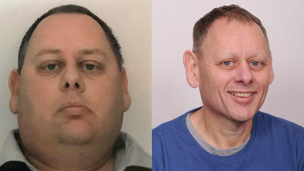 Hans voor de maagverkleining (links) en nadat hij 100 kilo is afgevallen.