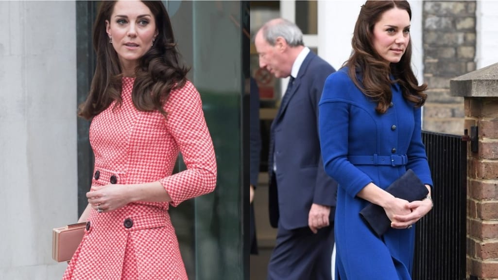 Kate Middleton in een ontwerp van Eponine in 2016 (links) en 2017 (rechts).