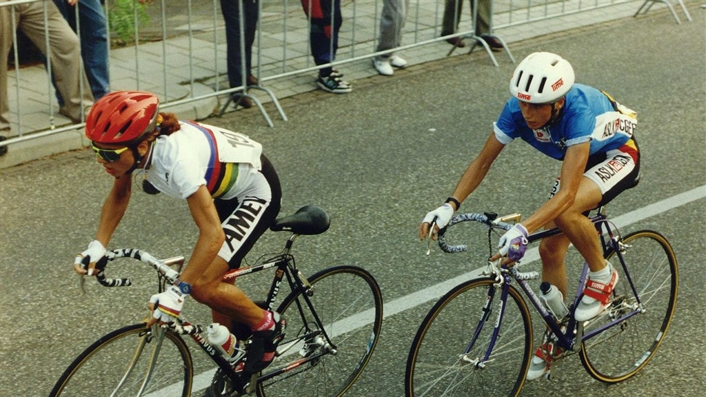 Heidi Van De Vijver in het kielzog van Leontien van Moorsel, in 1992.