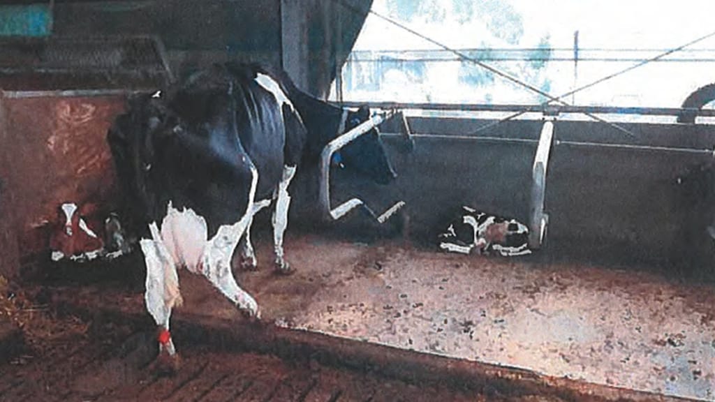 Een kalfje deelt dezelfde stal met een volwassen koe.