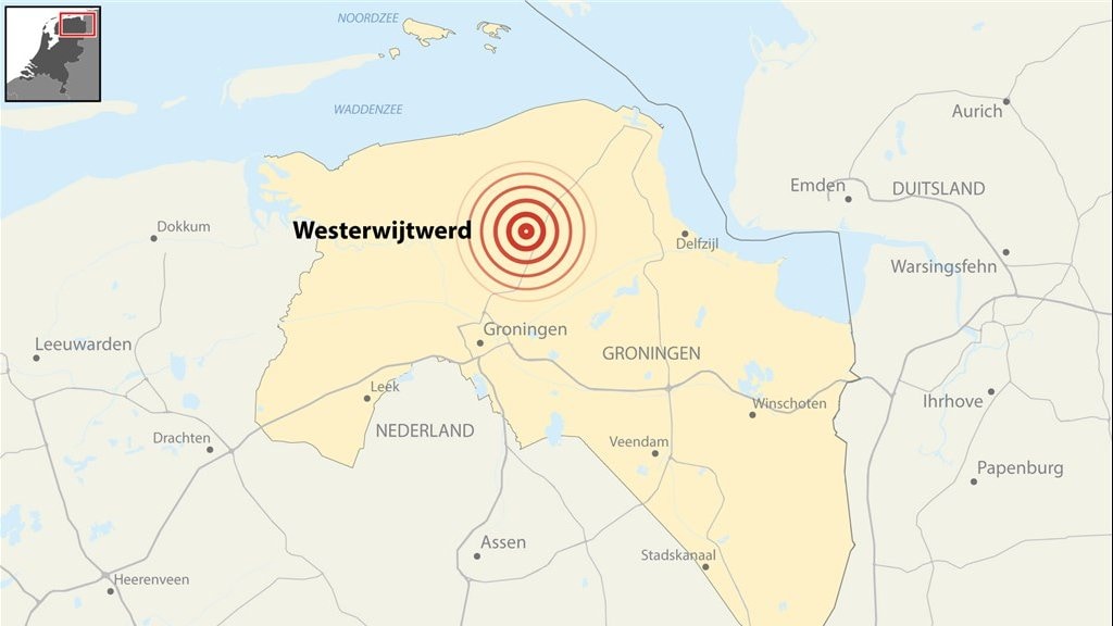 Het gebied waar de aardbeving bij Westerwijtwerd werd gevoeld.