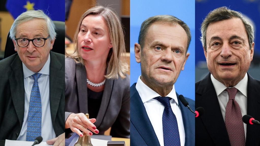 Jean-Claude Juncker, Federica Mogherini, Donald Tusk en Mario Draghi.