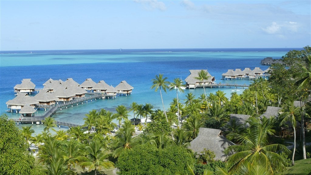 Bungalows op Bora Bora.