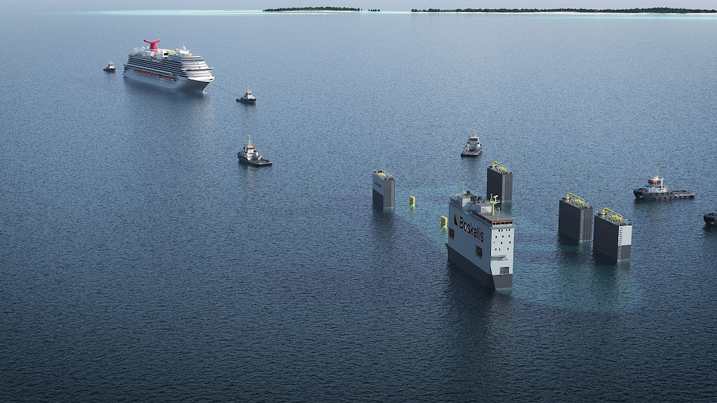 De Carnival Vista wordt met sleepboten op de BOKA Vanguard getrokken.