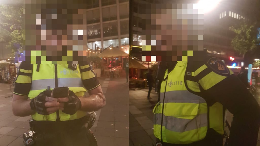 Foto's van twee Rotterdamse agenten worden in de Telegram-groep gedeeld.