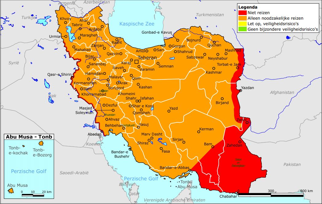 Het kaartje van Iran dat het ministerie verspreidt. Rood betekent 'niet reizen', oranje 'alleen noodzakelijke reizen'.