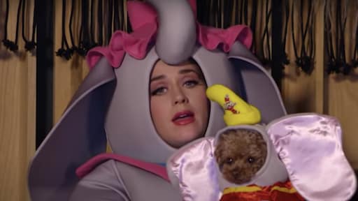 Katy Perry kruipt in de huid van een olifant