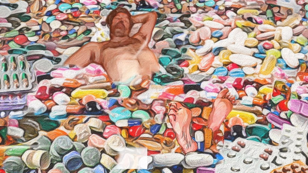 De tekening van Bastiaan in zijn 'pillenbad'.