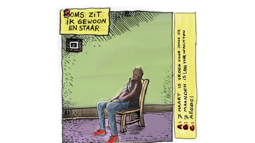 Bastiaan tekent zichzelf als wachtend stripfiguur.