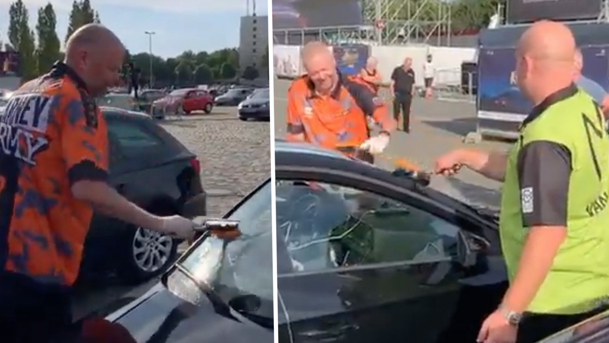 Nieuw bijbaantje? Van Gerwen en Van Barneveld wassen auto's van