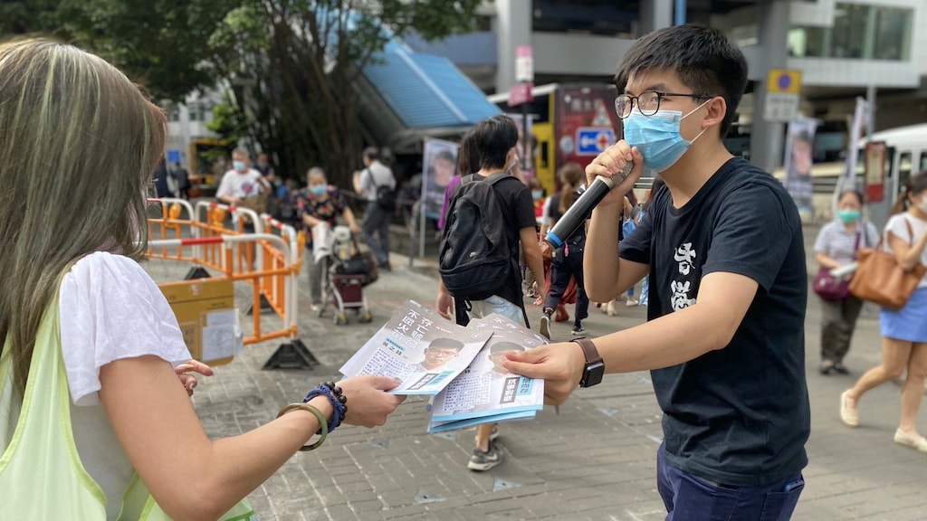 Joshua Wong tijdens een van zijn laatste politieke activiteiten.