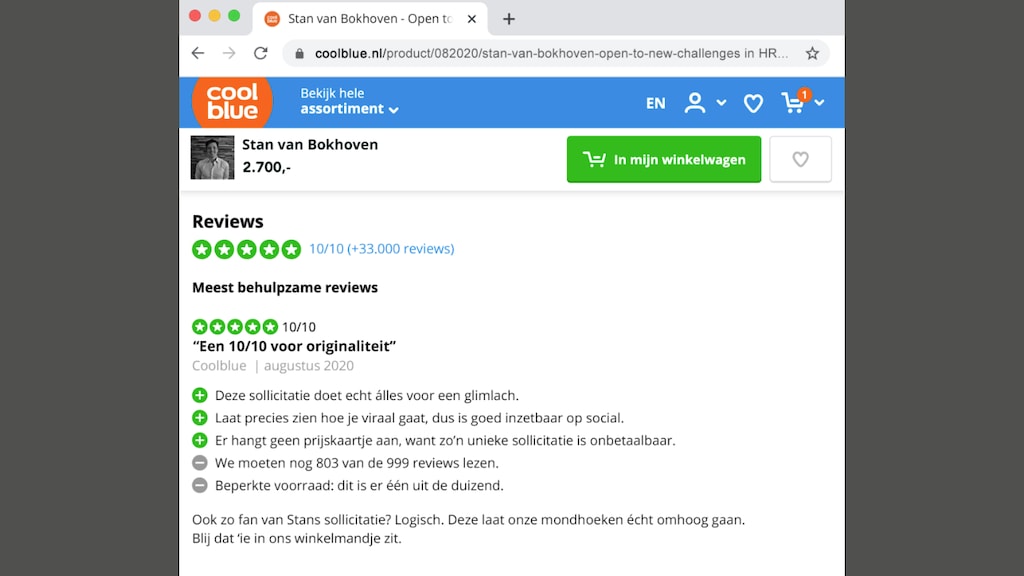 De reactie van Coolblue op Stans sollicitatie.