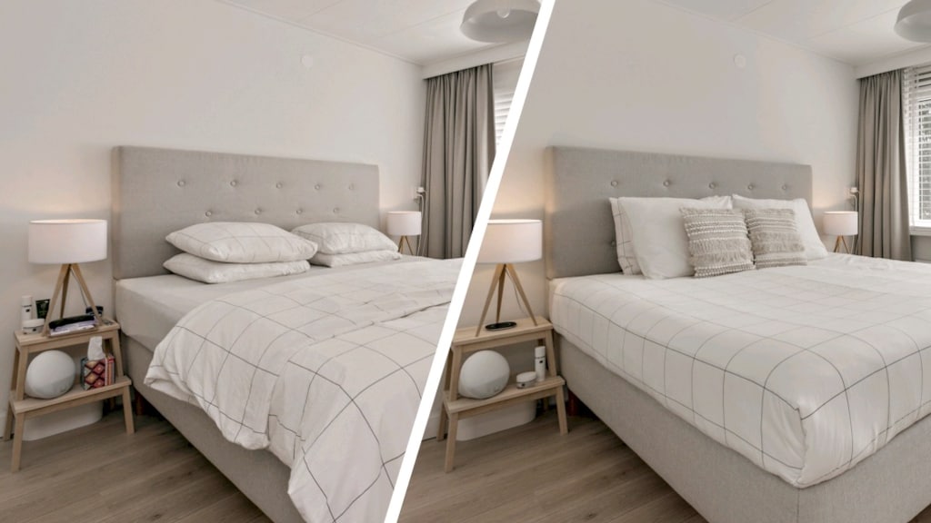 Rechts de slaapkamer zoals fotografen 'm graag zien