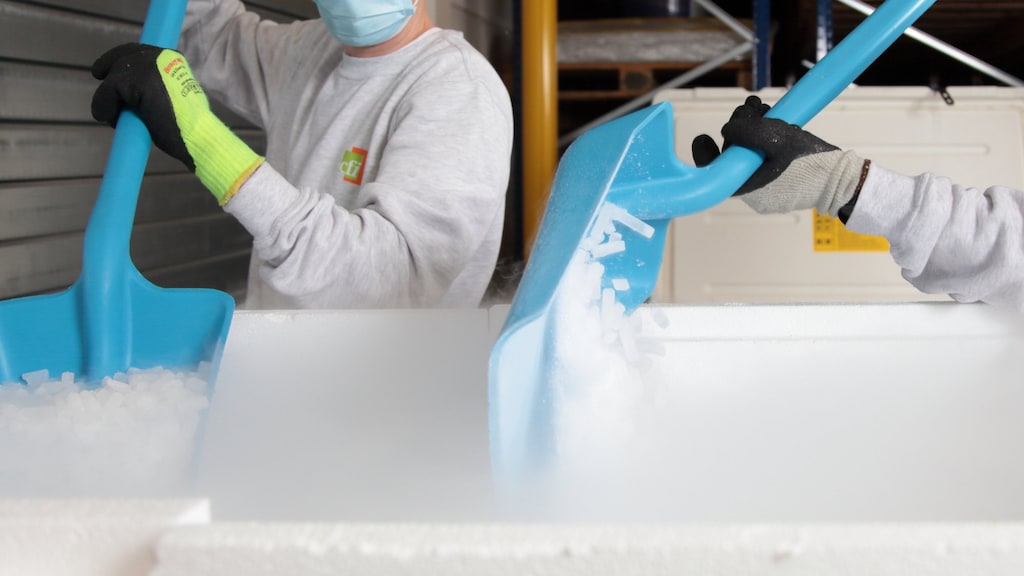 Werknemers van Cyberfreight Pharma Logistics in de weer met korrels droogijs