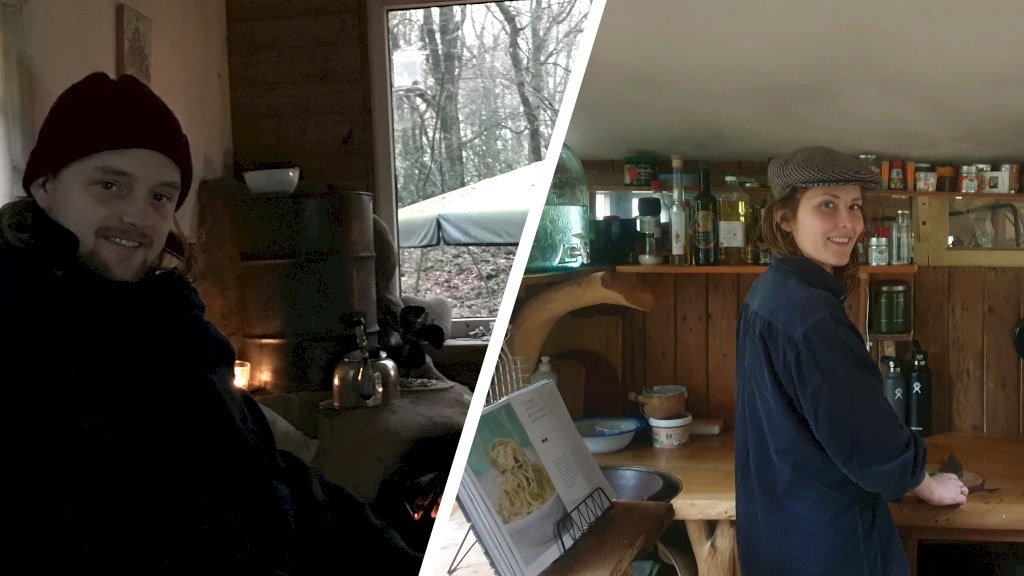 Yannick en Vivian in hun tijdelijke huisje in het bos