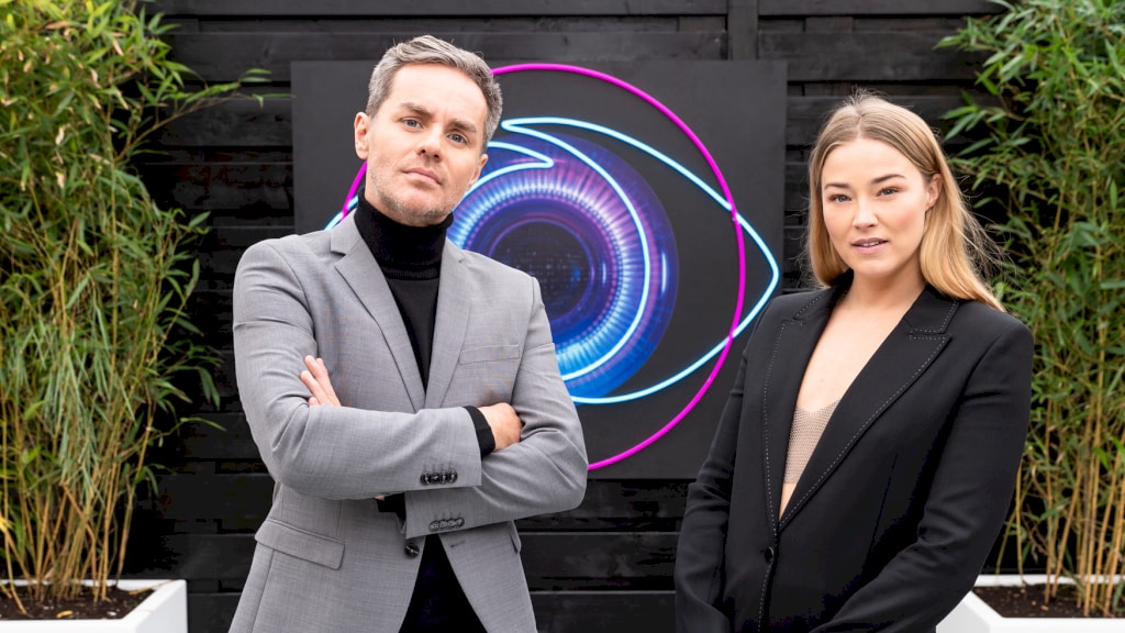 Peter van de Veire en Geraldine Kemper in de tuin van Big Brother-huis.