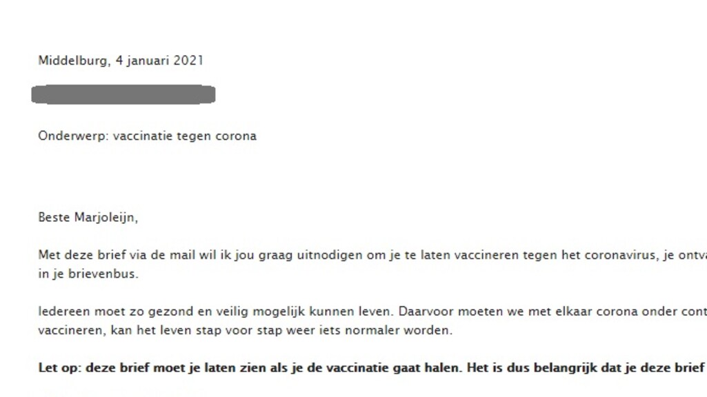 Een deel van de mail die Marjoleijn ontving.