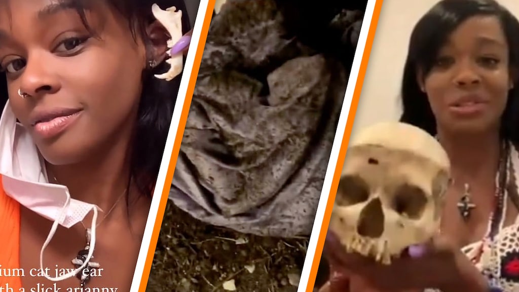 Azealia Banks met de kaak van haar kat (L), hoe ze haar kat opgroef (M) en met haar kinderschedel (R)