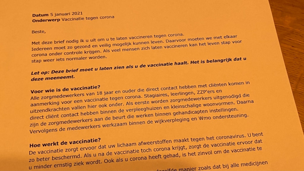 Veel verpleeghuismedewerkers kregen een brief met deze strekking