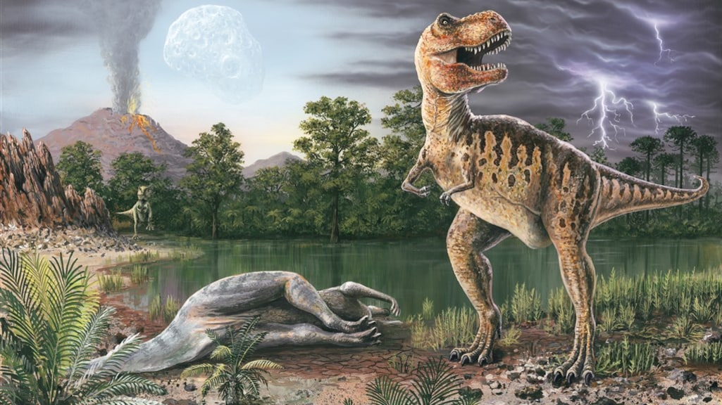 Een tyrannosaurus-rex bij een dode hadrosauriër.