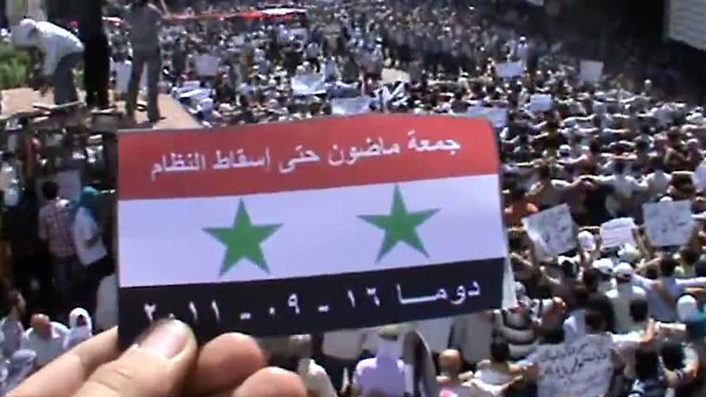 Beelden van een demonstratie tegen het regime in 2011 in de hoofdstad Damascus.