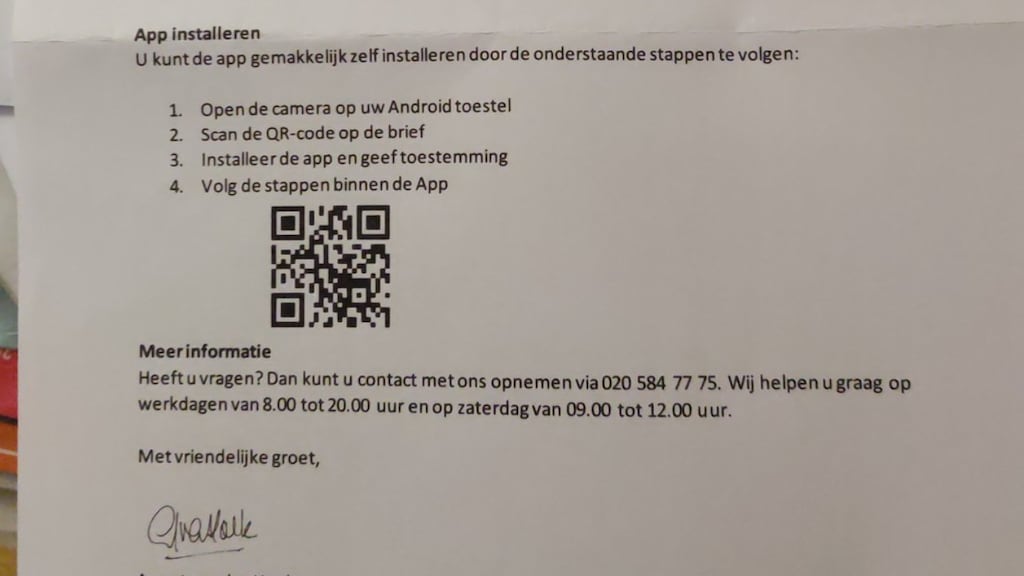 Een voorbeeld van de phishingbrief met QR-code.