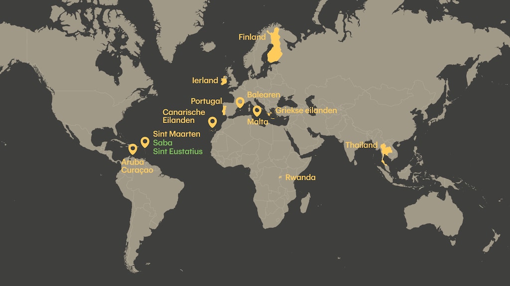 In het geel alle landen waarvan het reisadvies is aangepast.