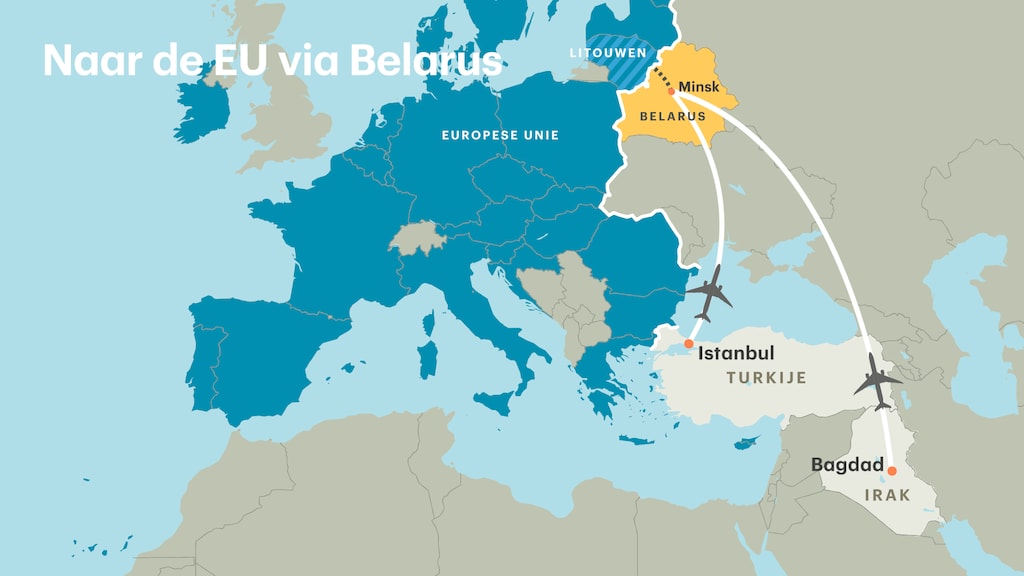 De Belarus-route naar de EU. Inmiddels zijn de directe vluchten vanuit Bagdad gestaakt.