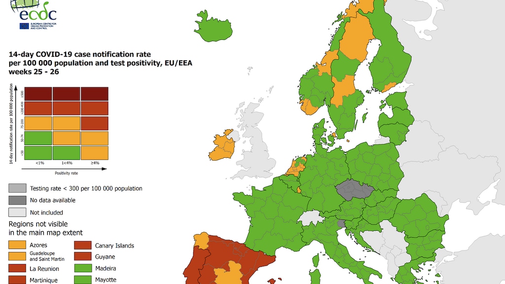 Nu is de kleurcode voor Nederland vooral geel met sommige delen groen.