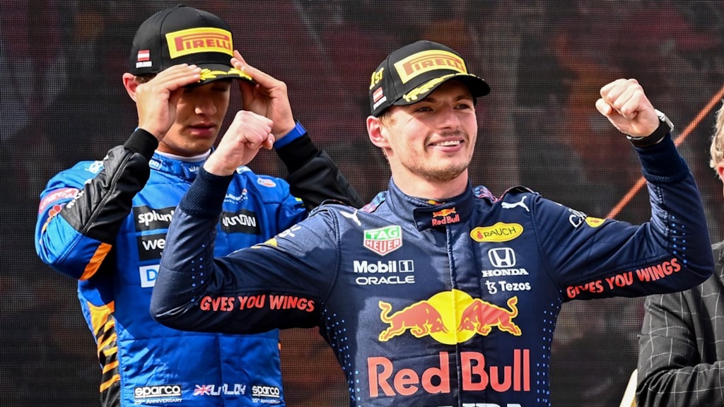 Max Verstappen na zijn winst in de GP van Oostenrijk op 4 juli.