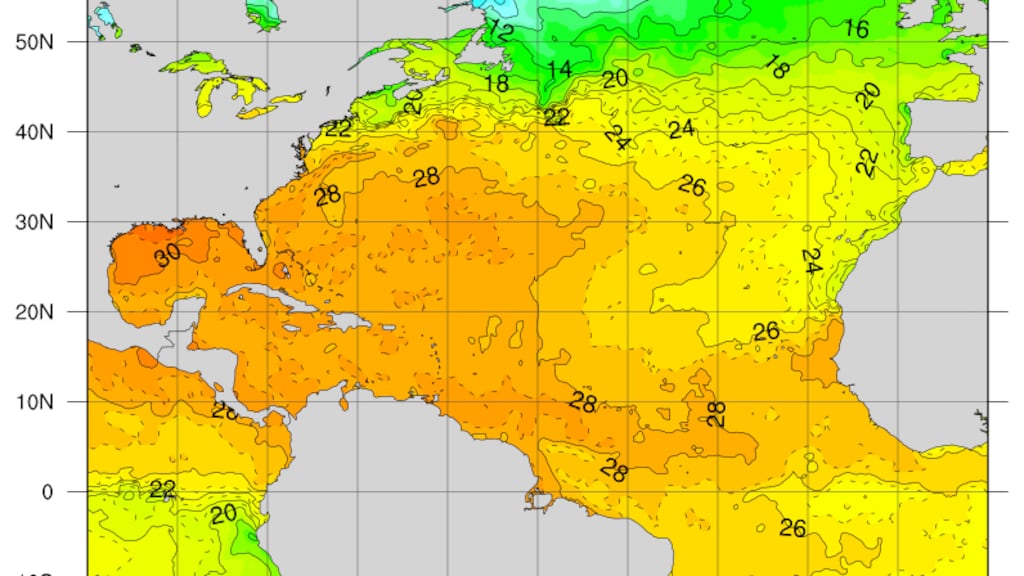 Zeewatertemperaturen, links op het kaartje de Golf van Mexico
