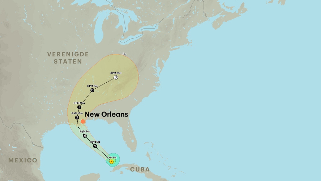Het pad van de orkaan de komende dagen.