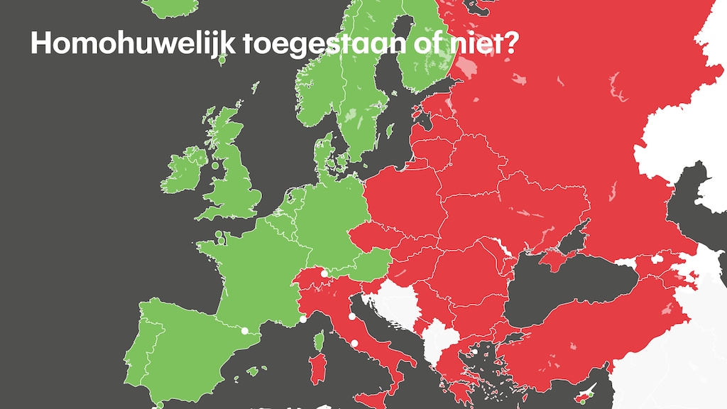 De Europese landen die met groen staan aangegeven erkennen het homohuwelijk. In de met rood aangegeven landen is het verboden.