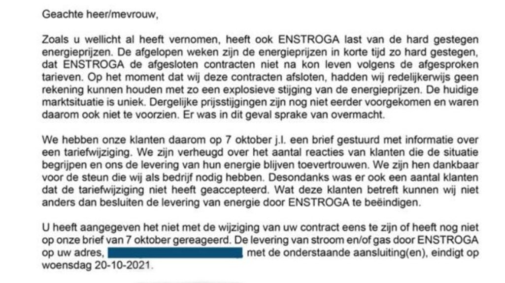 De brief die klanten van Enstroga kregen.