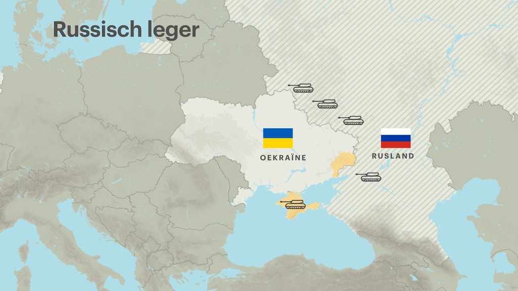 Rusland heeft de gele gebieden van Oekraïne al onder controle. De tanks aan de grens zijn een ruwe illustratie van de huidige situatie.