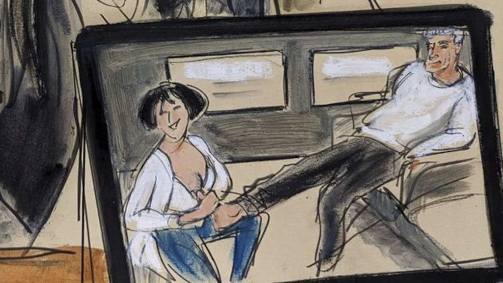 Een rechtbanktekening van de bewuste foto.