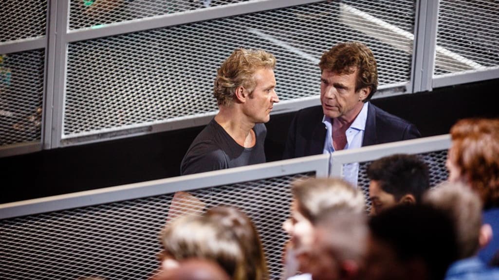 John de Mol en RTL-programmadirecteur Erland Galjaard tijdens opnamen van The Voice in 2016.