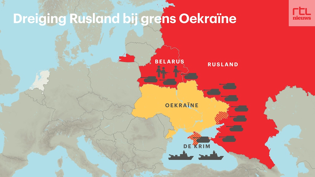 De huidige troepenopbouw van Rusland langs de grenzen van Oekraïne, met militaire trainingen in Belarus en schepen in de Zwarte Zee