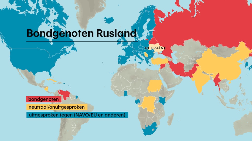 Een beknopt overzicht van bondgenoten en tegenstanders van Poetins oorlog in Oekraïne. (situatie 26 februari)