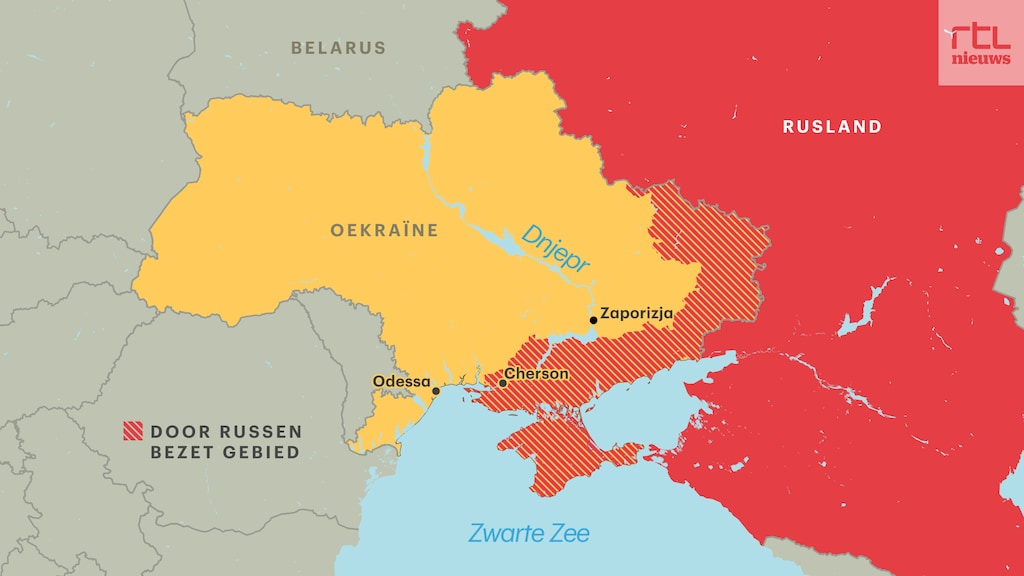 De rivier de Dnjepr loopt via Zaporizja en Cherson richting de Zwarte Zee.