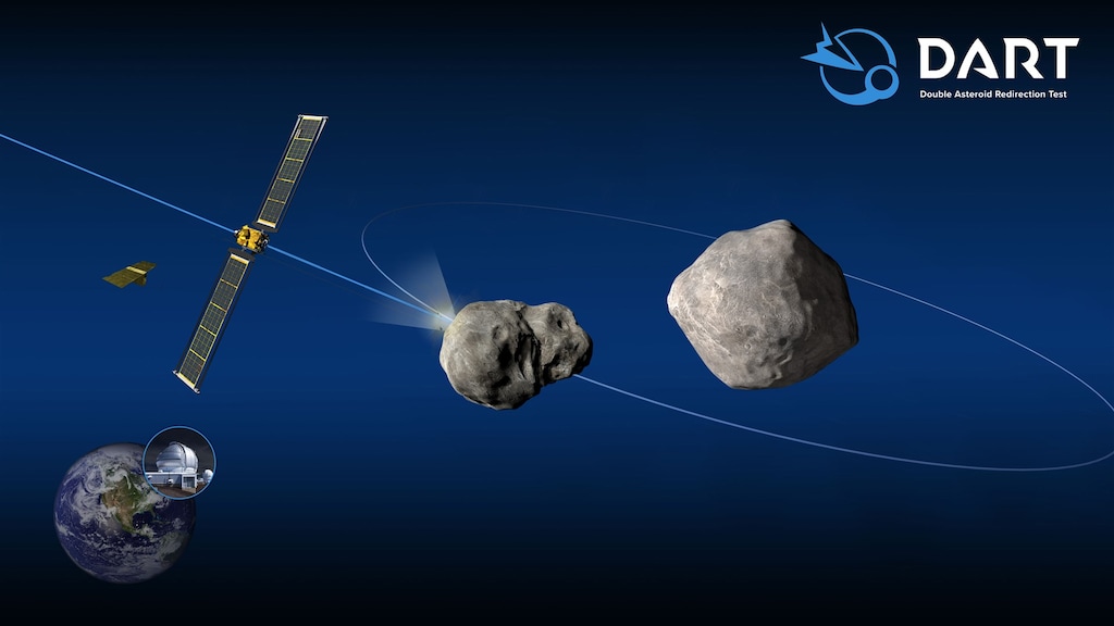 Illustratie van de 'Double Asteroid Redirection Test' (DART), een NASA-missie die de asteroïde Didymos van baan moet veranderen.