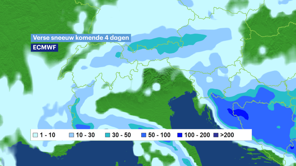De verwachte sneeuw voor de komende dagen. Een deel hiervan is vannacht gevallen.
