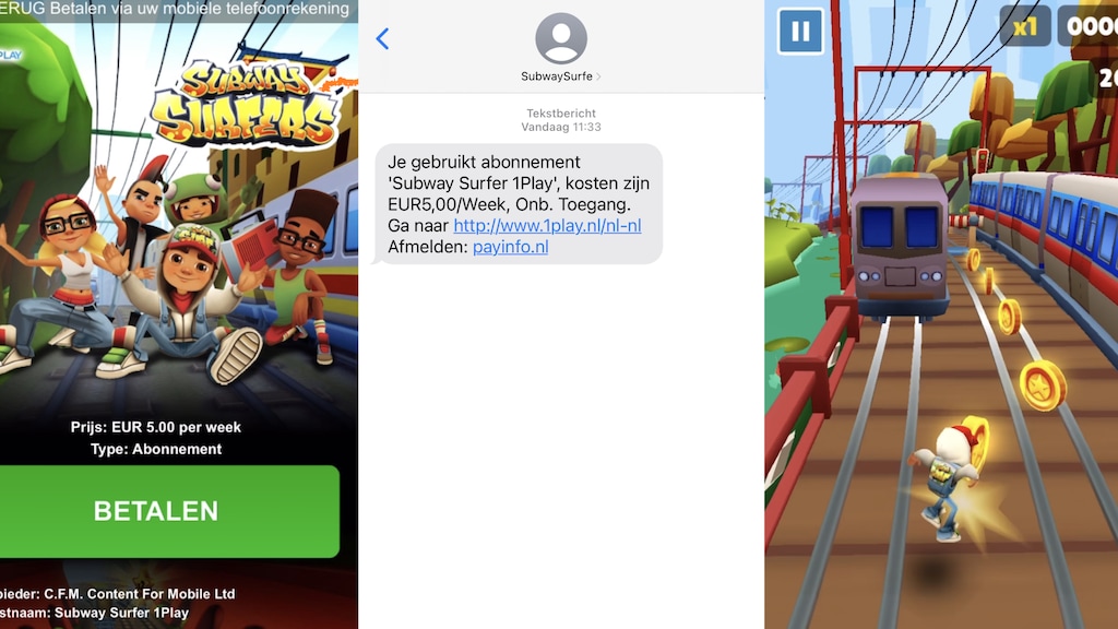 Wie op 'Betalen' klikt (links) krijgt direct een sms (midden) om de game te spelen (rechts).