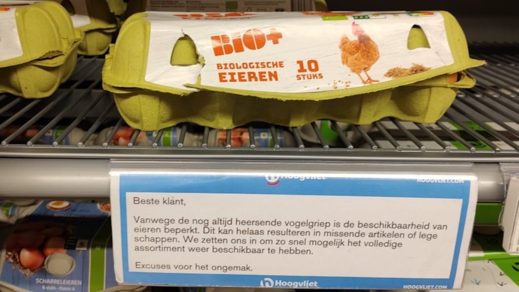 Supermarkten zoals Hoogvliet waarschuwen klanten dat er mogelijk minder eieren beschikbaar zijn door vogelgriep.