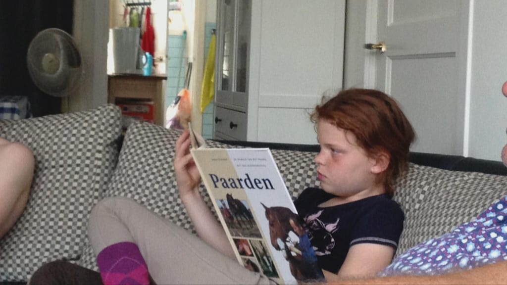Ann-Sofie leest een boek over paarden.