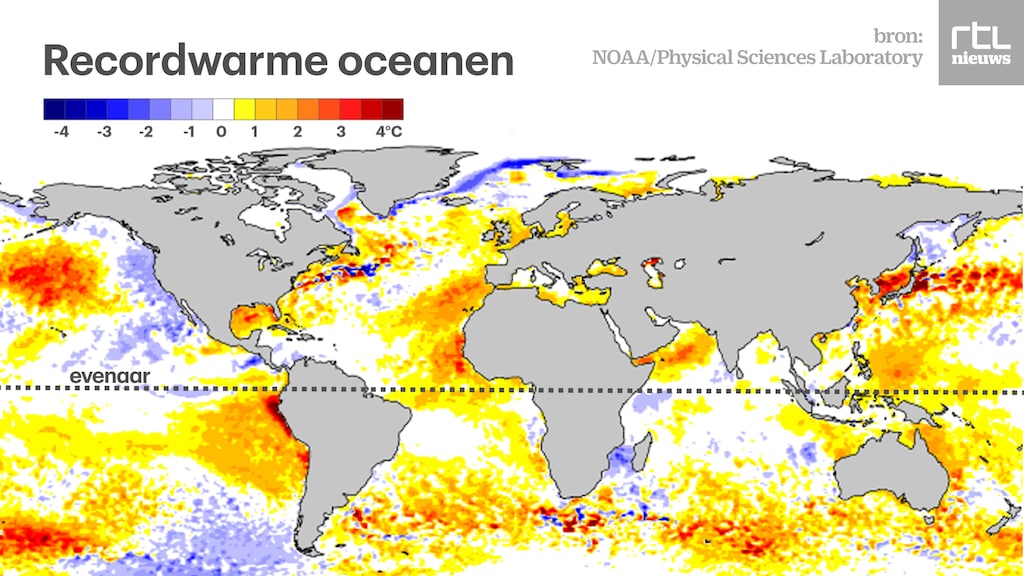 Gele, oranje en rode gebieden zijn warmer dan gemiddeld