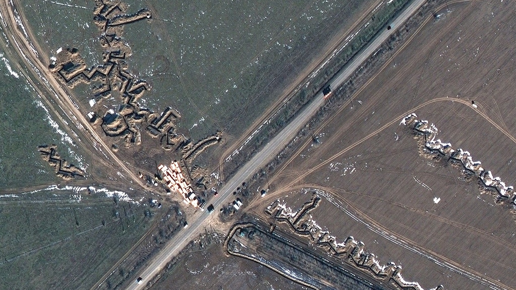 Russische loopgraven bij Medvedivka, bij de Krim.