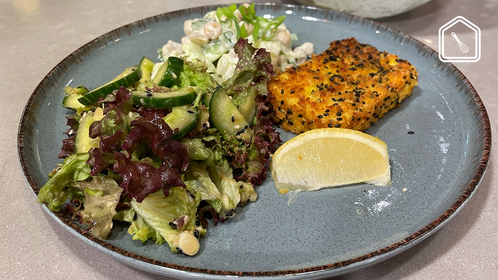 Japanse schnitzels van tofu, een salade met misodressing én een aardappelsalade