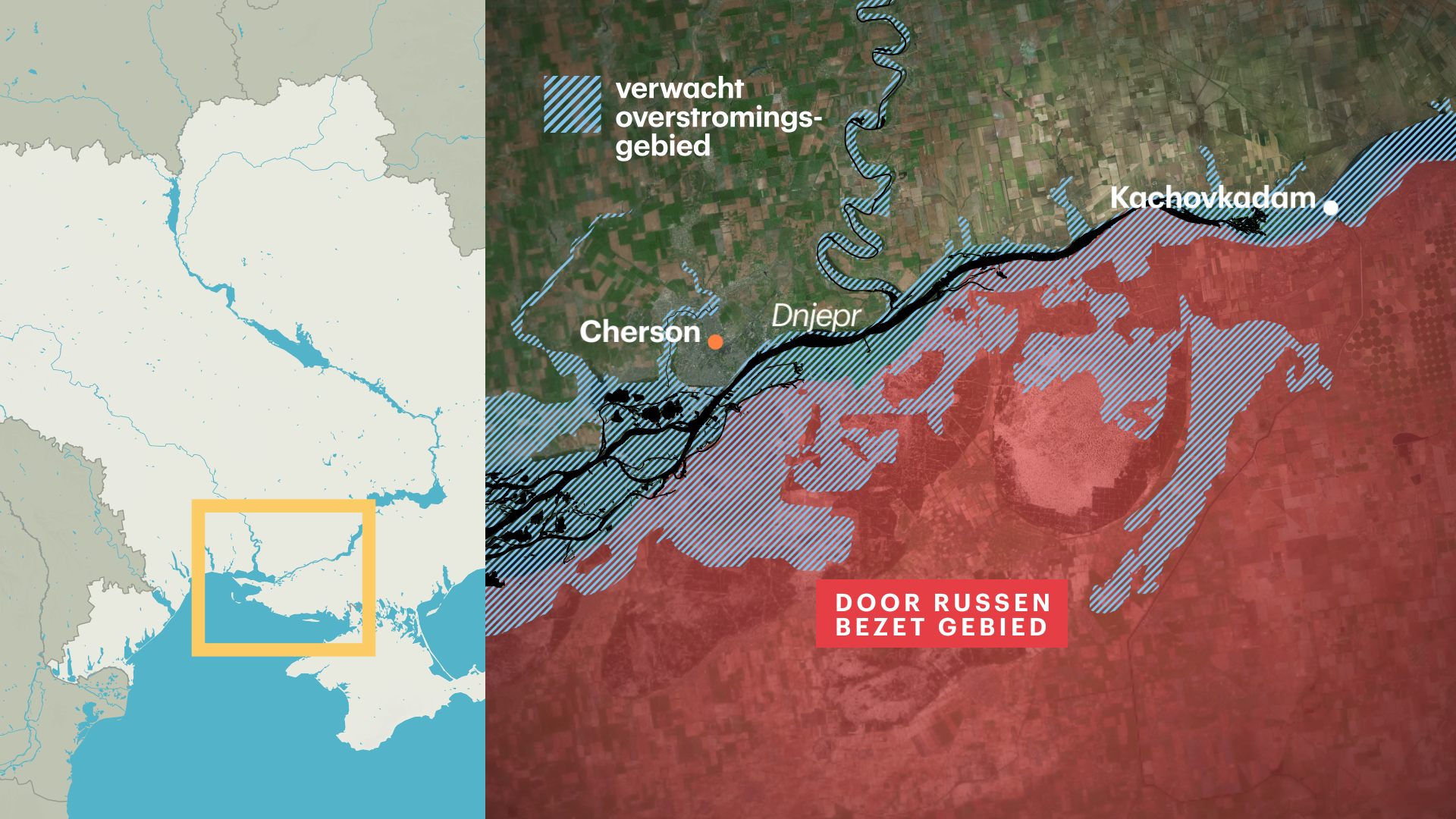 Op dit plaatje is te zien waar het risico op overstroming is. De zwarte lijn is rivier de Dnjepr.